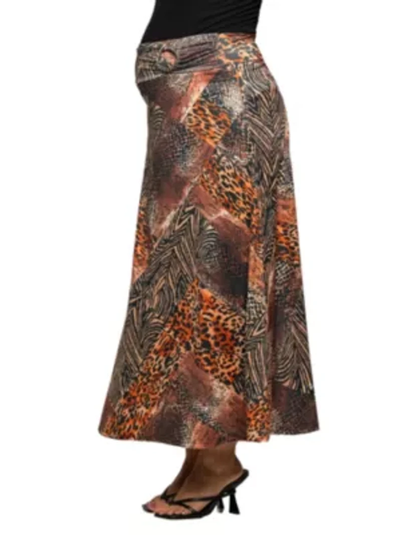 Maternity Brown Animal Patchwork Print Maxi Skirt