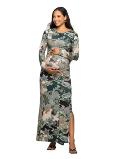 Maternity Green Paisley Print Long Sleeve Side Slit Maxi Dress