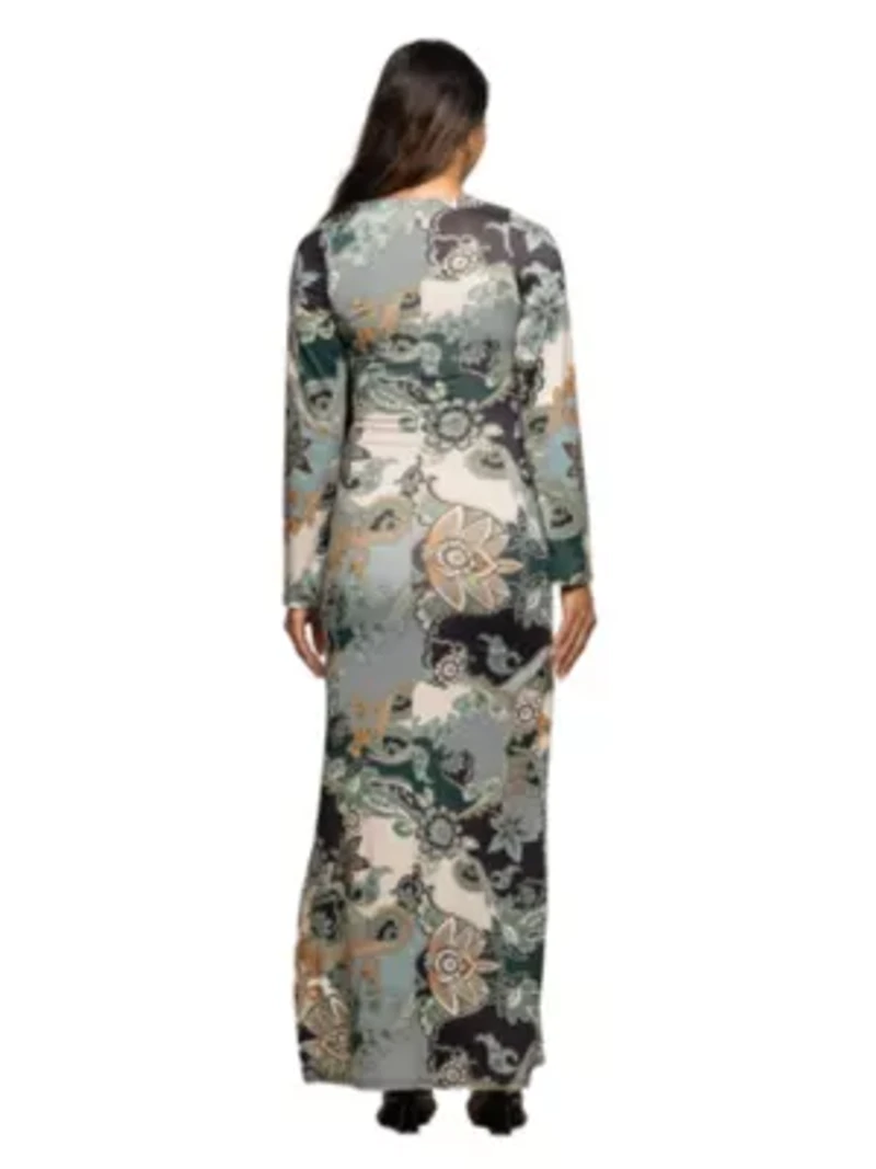 Maternity Green Paisley Print Long Sleeve Side Slit Maxi Dress