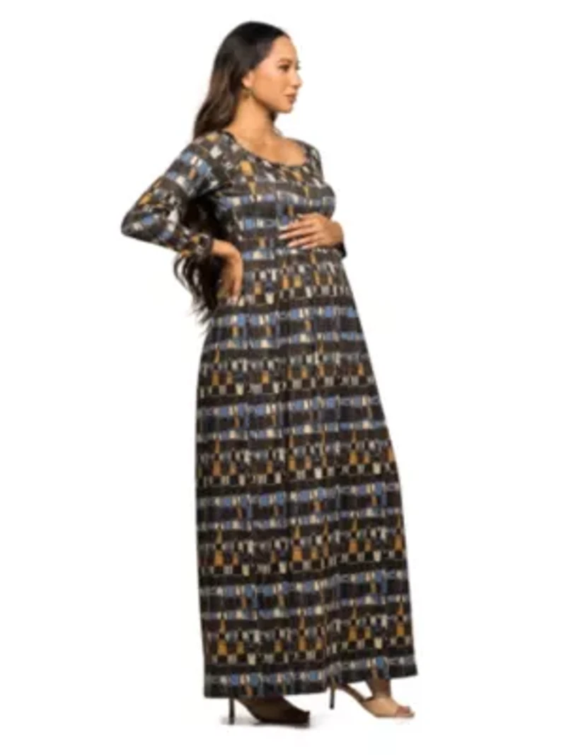 Maternity Brown Geometric Print Long Sleeve Empire Waist Maxi Dress