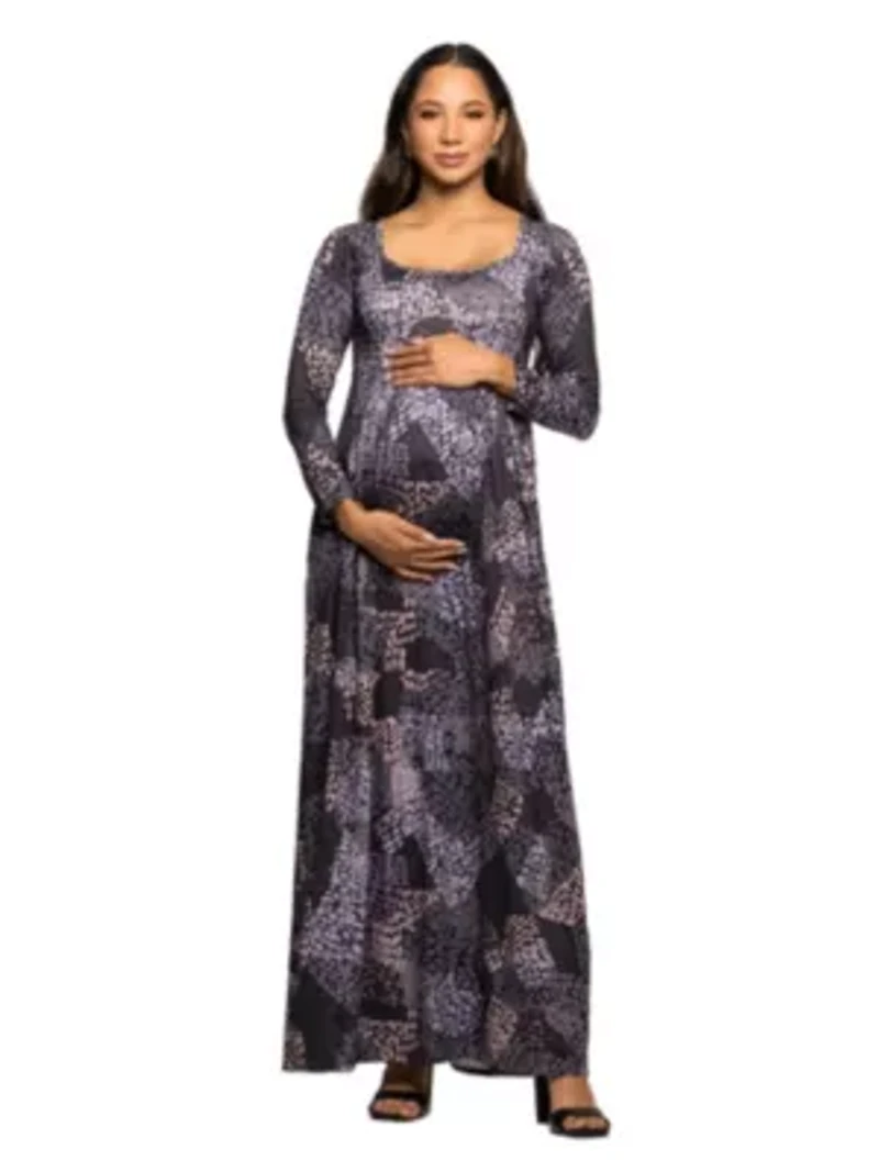 Maternity Long Sleeve Empire Waist Maxi Dress Grey Print