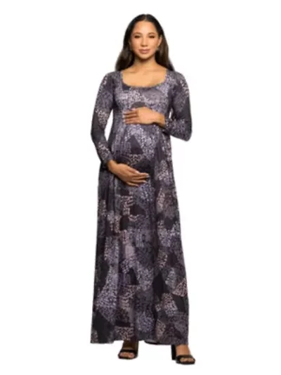 Maternity Long Sleeve Empire Waist Maxi Dress Grey Print