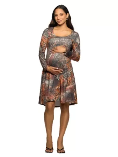 Maternity Long Sleeve Fit and Flare Dress Brown Multi Animal Print