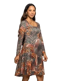 Maternity Long Sleeve Fit and Flare Dress Brown Multi Animal Print