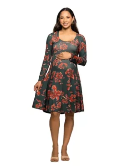 Maternity Long Sleeve Fit and Flare Dress Green Orange Floral Print