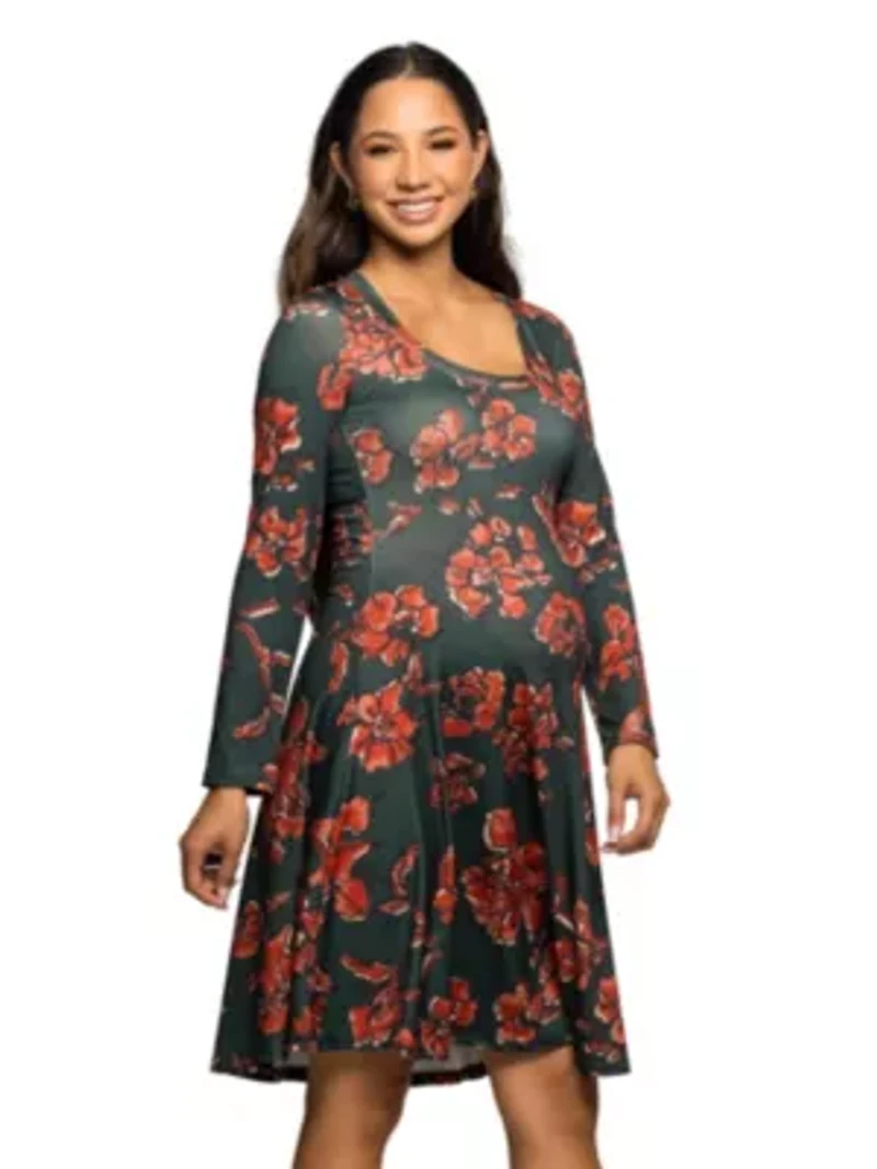 Maternity Long Sleeve Fit and Flare Dress Green Orange Floral Print