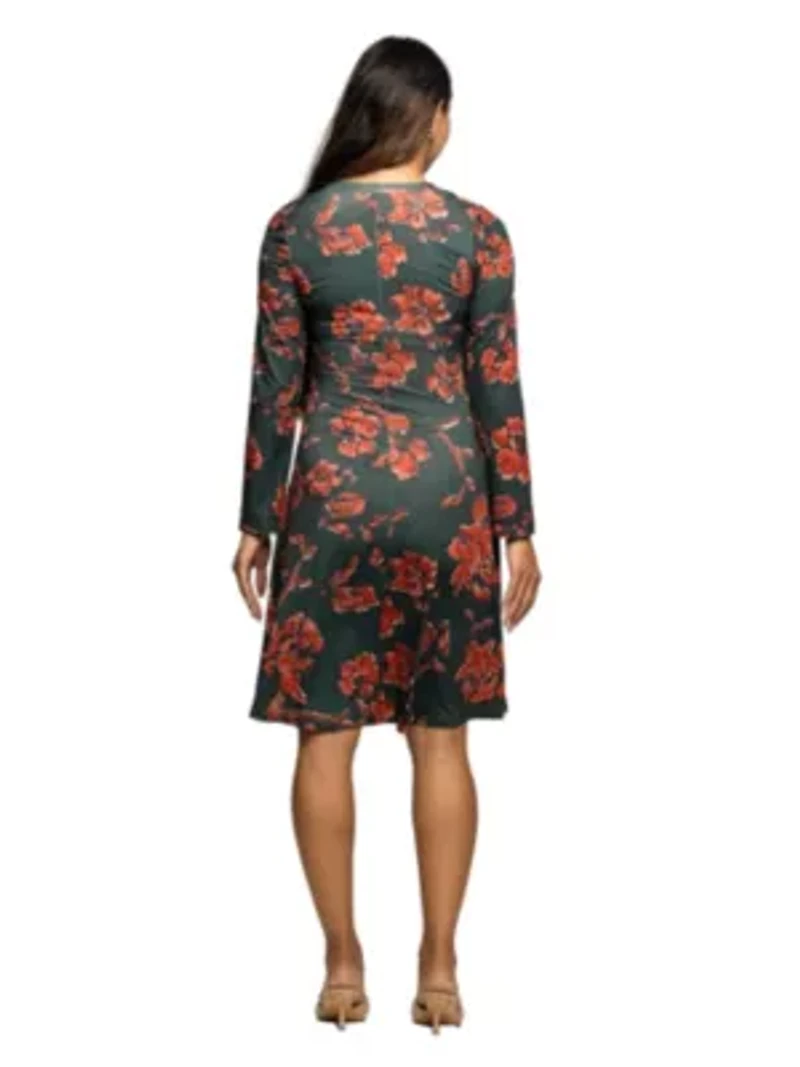 Maternity Long Sleeve Fit and Flare Dress Green Orange Floral Print