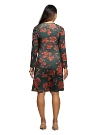 Maternity Long Sleeve Fit and Flare Dress Green Orange Floral Print