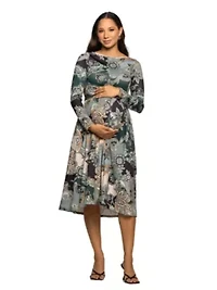 Maternity Long Sleeve Midi Dress Teal Paisley Floral Print