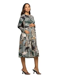 Maternity Long Sleeve Midi Dress Teal Paisley Floral Print