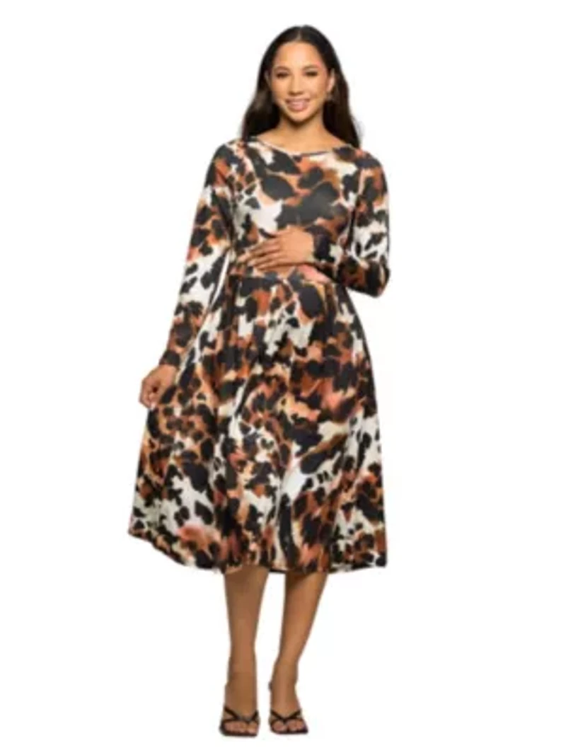 Maternity Long Sleeve Midi Dress Animal Print