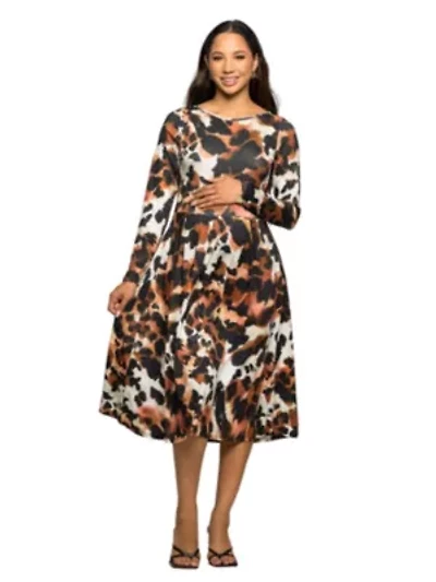 Maternity Long Sleeve Midi Dress Animal Print