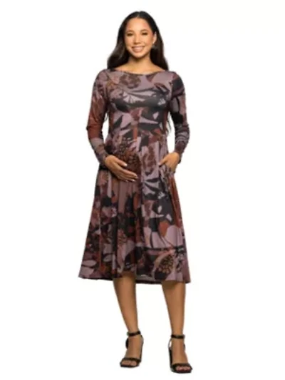 Maternity Long Sleeve Midi Dress Brown Floral Print