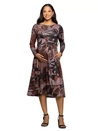 Maternity Long Sleeve Midi Dress Brown Floral Print