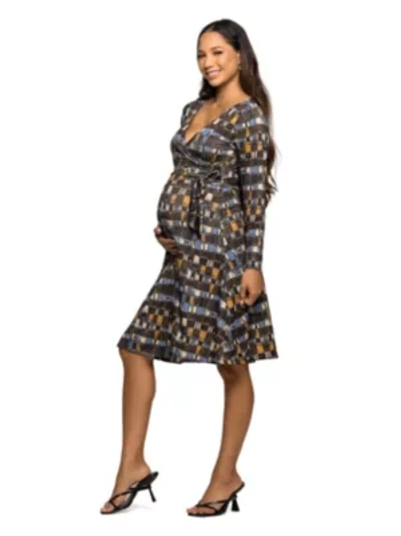 Maternity Long Sleeve Wrap Dress with Belt Brown Blue Geometric Print