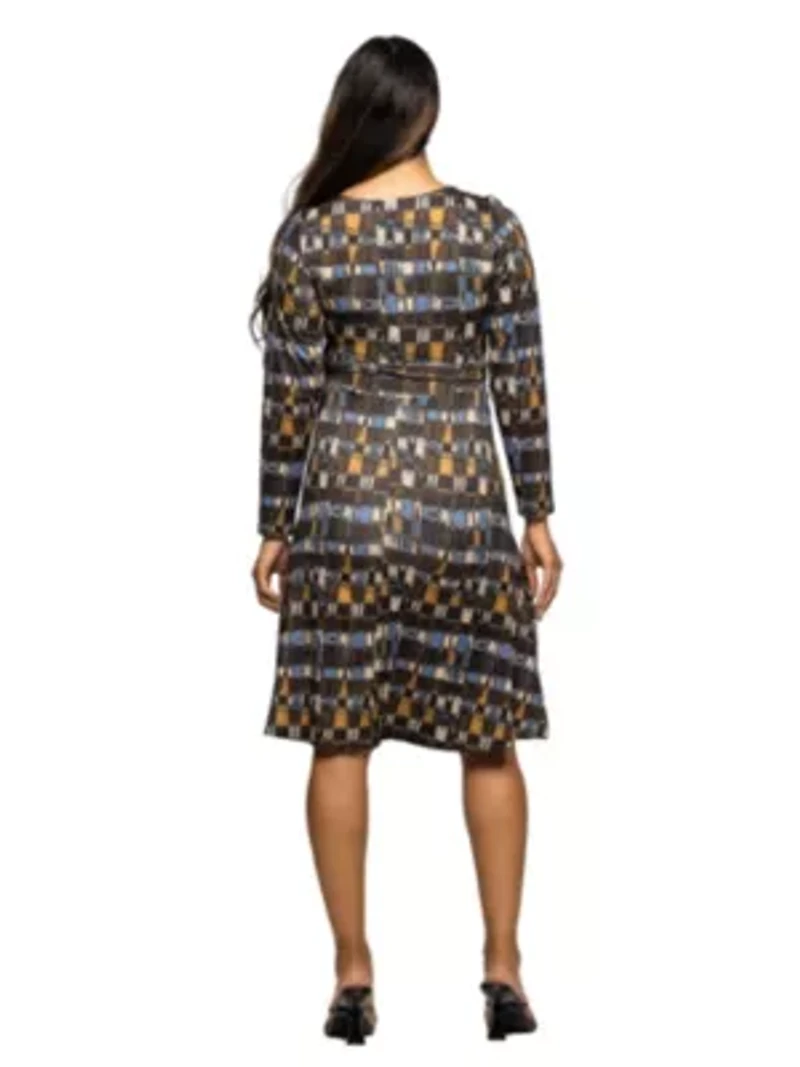 Maternity Long Sleeve Wrap Dress with Belt Brown Blue Geometric Print