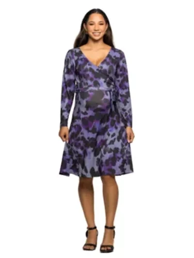 Maternity Long Sleeve Wrap Dress with Belt Purple Black Print
