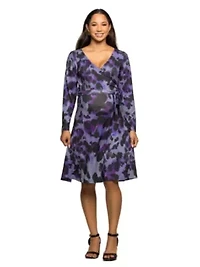 Maternity Long Sleeve Wrap Dress with Belt Purple Black Print