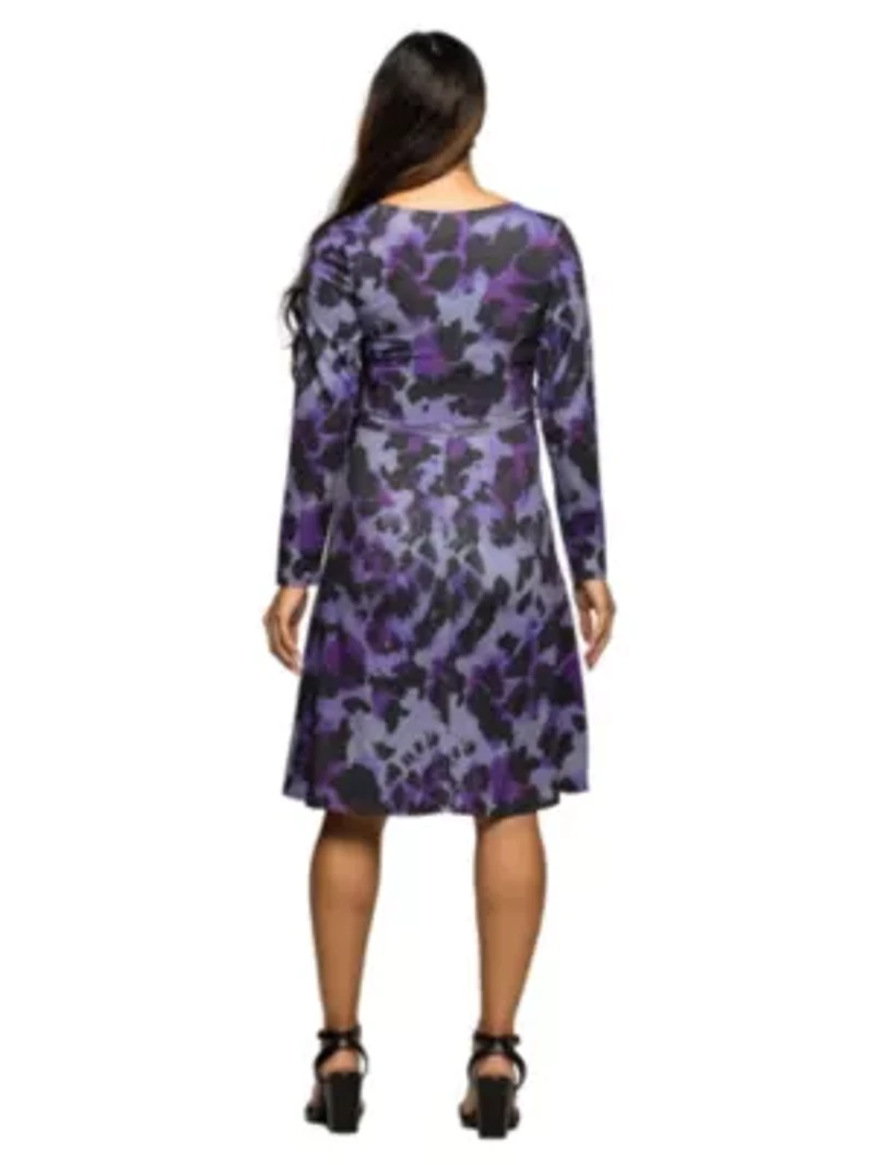 Maternity Long Sleeve Wrap Dress with Belt Purple Black Print