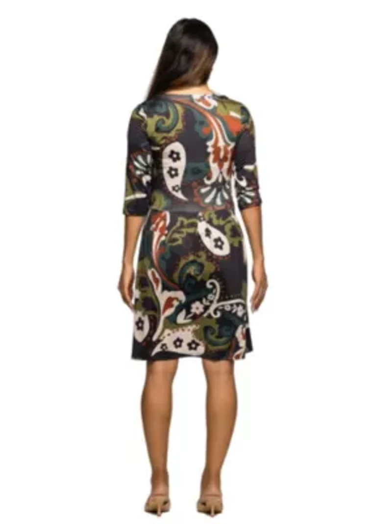 Maternity Three Quarter Sleeve Fit and Flare Dress Green Multi Paisley Print