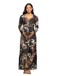 Maternity Green Paisley Print Long Sleeve Wrap Maxi Dress