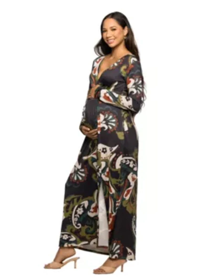 Maternity Green Paisley Print Long Sleeve Wrap Maxi Dress