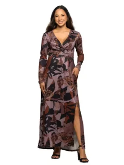 Maternity Gray Floral Print Long Sleeve Wrap Maxi Dress