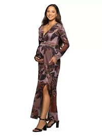 Maternity Gray Floral Print Long Sleeve Wrap Maxi Dress