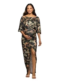 Maternity Green Abstract Print Batwing Sleeve Maxi Dress with Slit