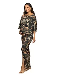 Maternity Green Abstract Print Batwing Sleeve Maxi Dress with Slit
