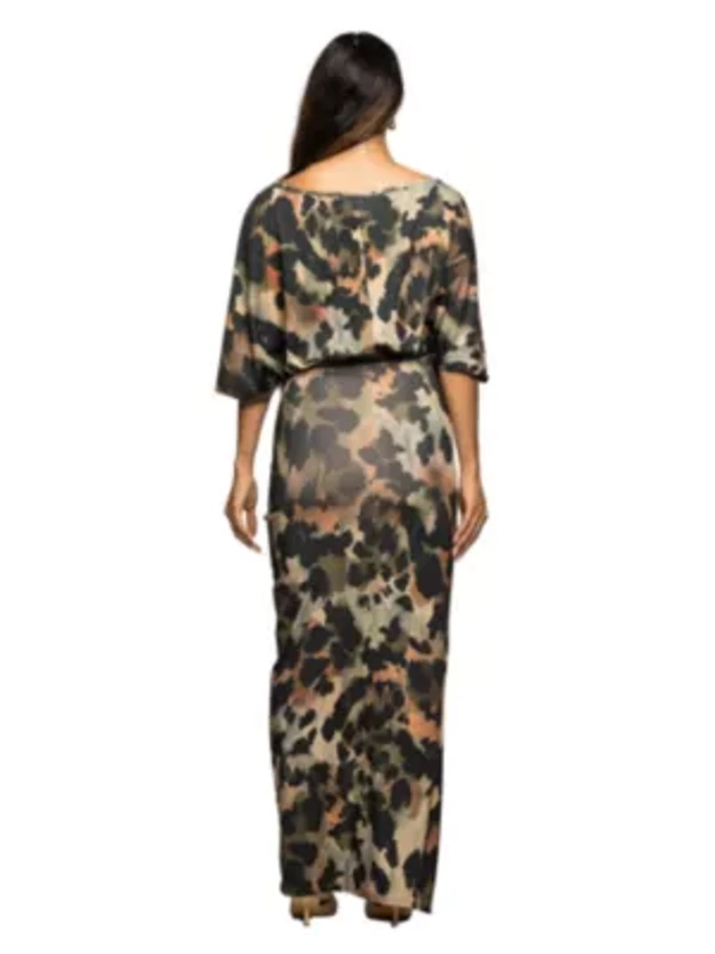 Maternity Green Abstract Print Batwing Sleeve Maxi Dress with Slit