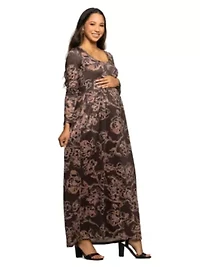 Maternity Brown Blush Floral Long Sleeve Scoop Neck Maxi Dress