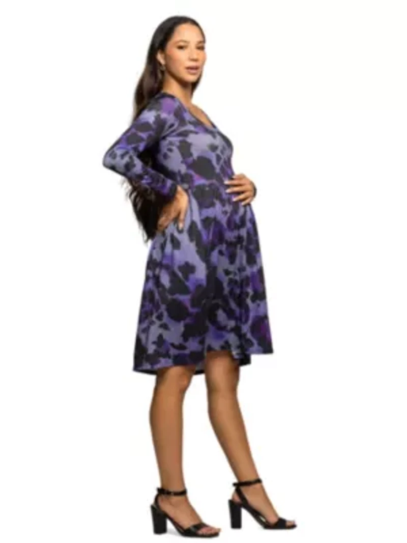 Maternity Long Sleeve Empire Waist Dress Purple Black Print