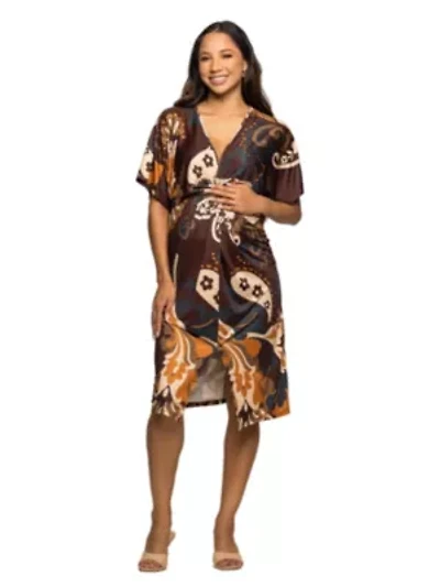 Maternity Short Sleeve Knot Front Midi Dress Brown Multi Paisley Print