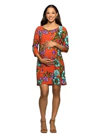 Maternity Orange Floral Print Three Quarter Sleeve A Line Knee Length Dress