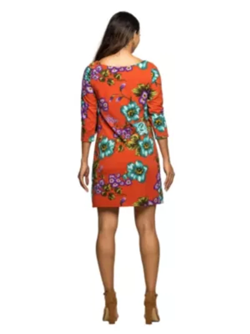 Maternity Orange Floral Print Three Quarter Sleeve A Line Knee Length Dress