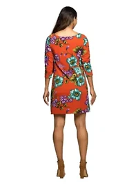 Maternity Orange Floral Print Three Quarter Sleeve A Line Knee Length Dress