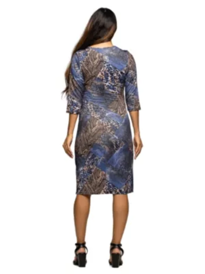 Maternity Three Quarter Sleeve Faux Wrap Dress Blue Animal Print