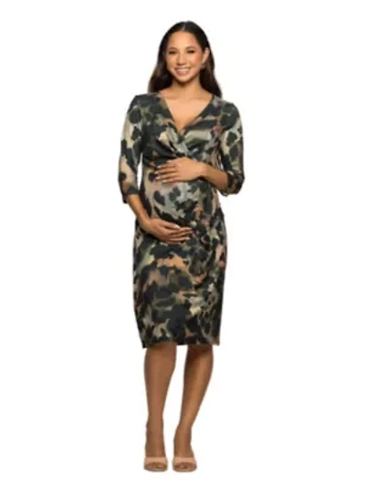 Maternity Three Quarter Sleeve Faux Wrap Dress Green Animal Print