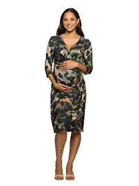 Maternity Three Quarter Sleeve Faux Wrap Dress Green Animal Print