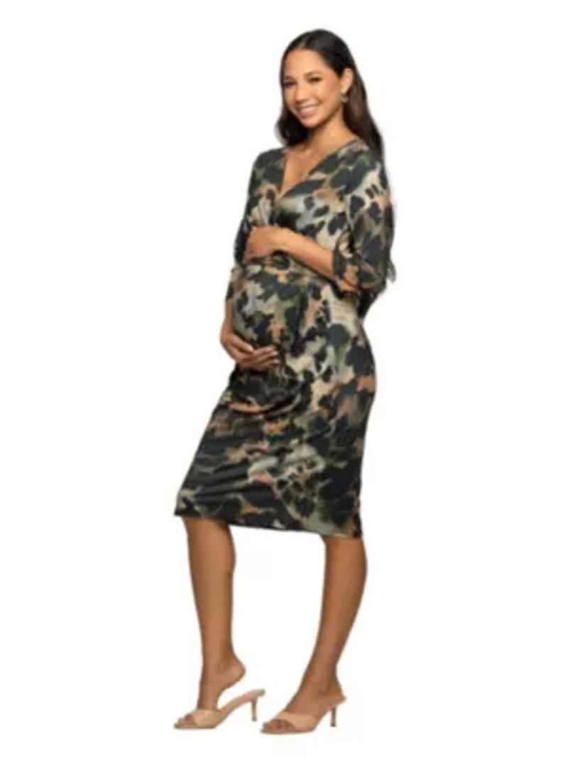 Maternity Three Quarter Sleeve Faux Wrap Dress Green Animal Print