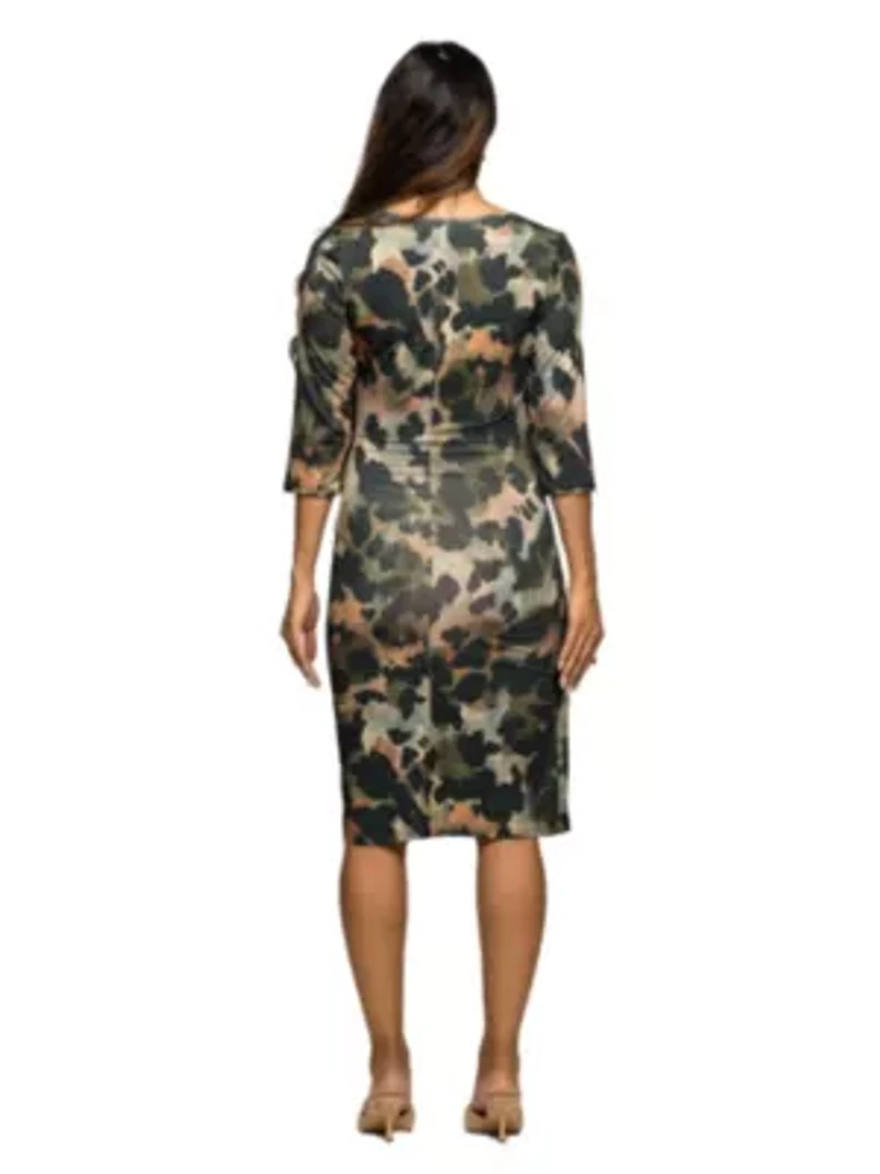 Maternity Three Quarter Sleeve Faux Wrap Dress Green Animal Print