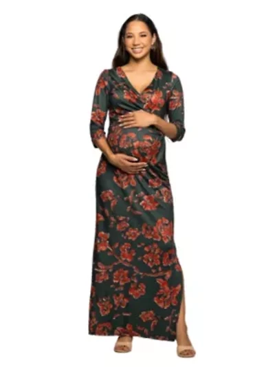 Maternity Green Floral Print Three Quarter Sleeve Side Slit Maxi Dress