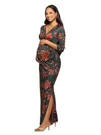 Maternity Green Floral Print Three Quarter Sleeve Side Slit Maxi Dress
