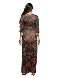 Maternity Green Floral Print Three Quarter Sleeve Side Slit Maxi Dress