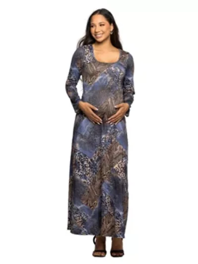Maternity Blue Animal Print Long Sleeve Scoop Neck Maxi Dress