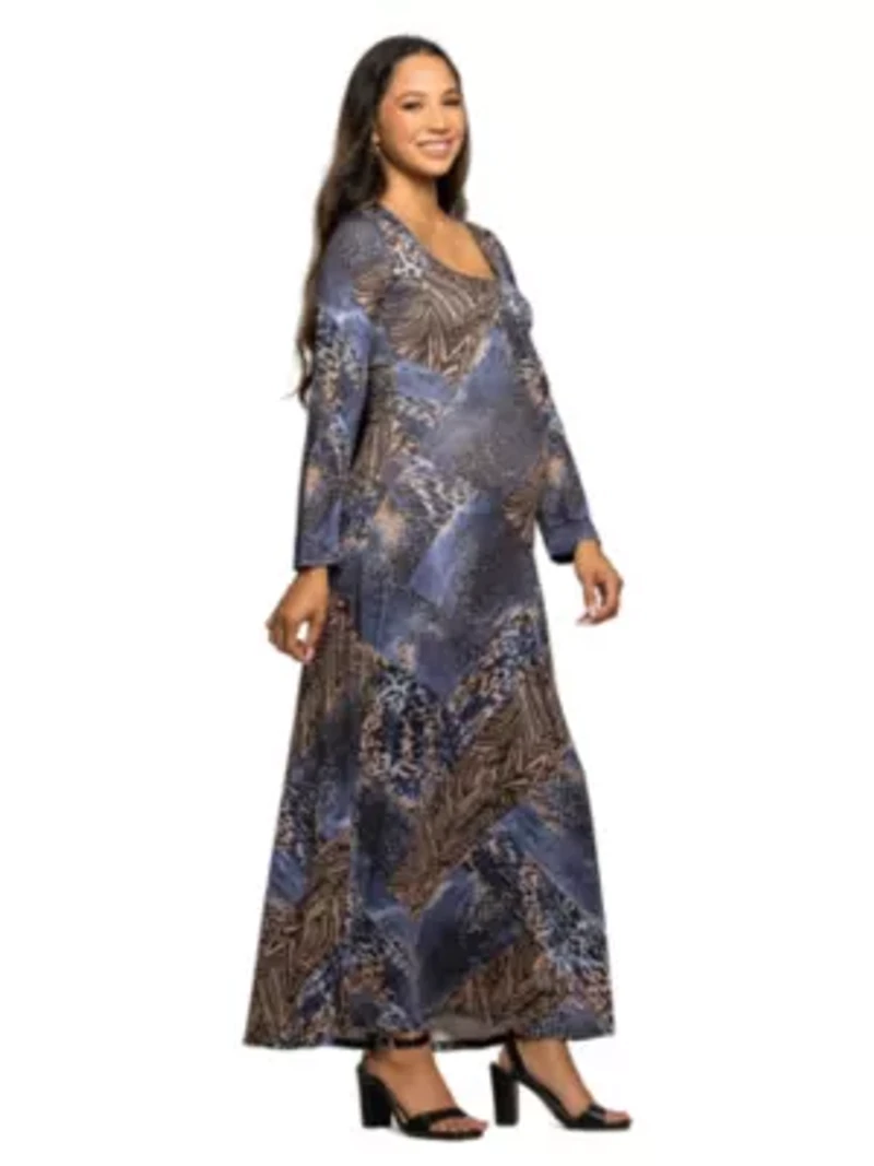 Maternity Blue Animal Print Long Sleeve Scoop Neck Maxi Dress
