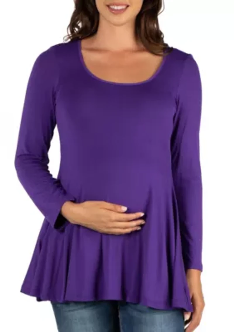 Long Sleeve Solid Color Swing Style Flared Maternity Tunic Top