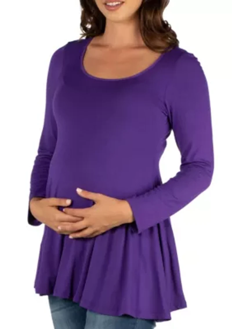Long Sleeve Solid Color Swing Style Flared Maternity Tunic Top