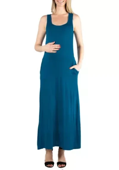 Scoop Neck Sleeveless Maternity Maxi Dress with Pockets